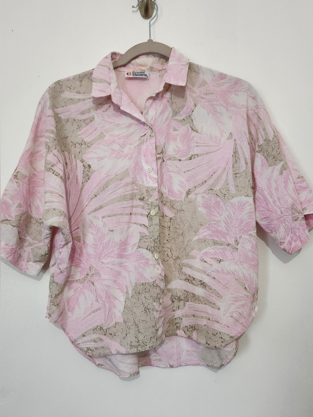 Vintage Cristin Stevens Tropical Shirt Small Pink Tan Cotton Dolman Sleeve 80s